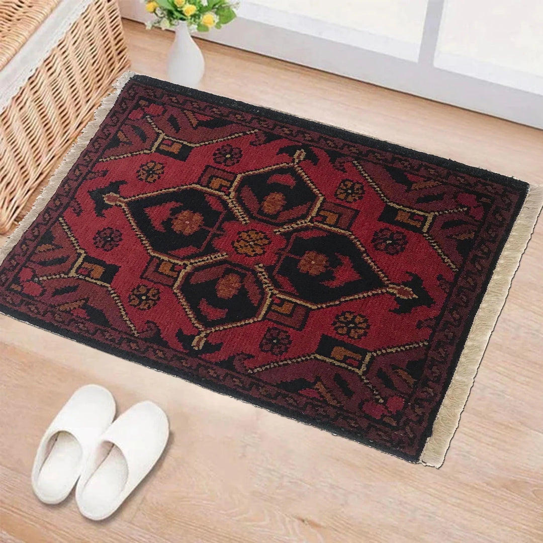 Red Afghan Oriental Doormat 1' 4" x 1' 11" Hand-Knotted | No. AL96421