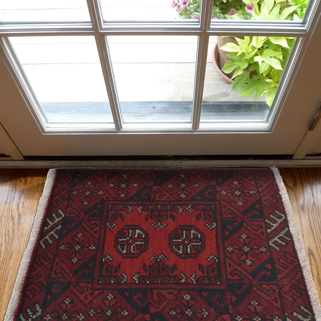 Red Afghan Oriental Doormat 1' 8" x 2' 0" Hand-Knotted | No. AL96706