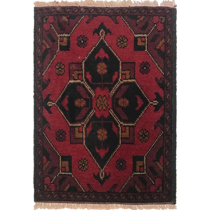 Red Afghan Oriental Doormat 1' 4" x 1' 11" Hand-Knotted | No. AL96713
