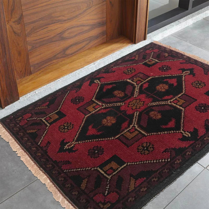 Red Afghan Oriental Doormat 1' 4" x 1' 11" Hand-Knotted | No. AL96713