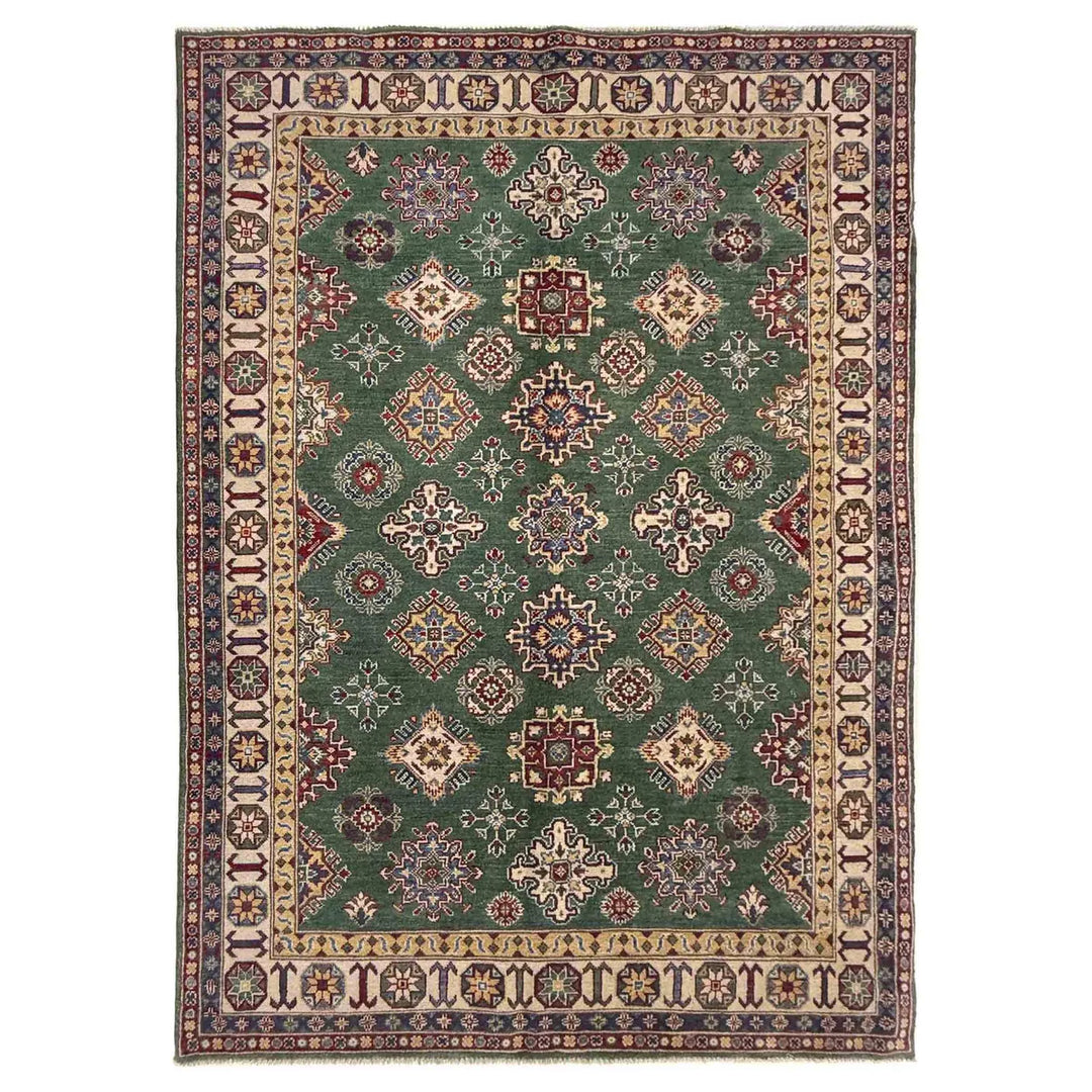 Green Afghan Kazak Rug 5' 5" x 8' 0" Hand-Knotted | No. AL96806