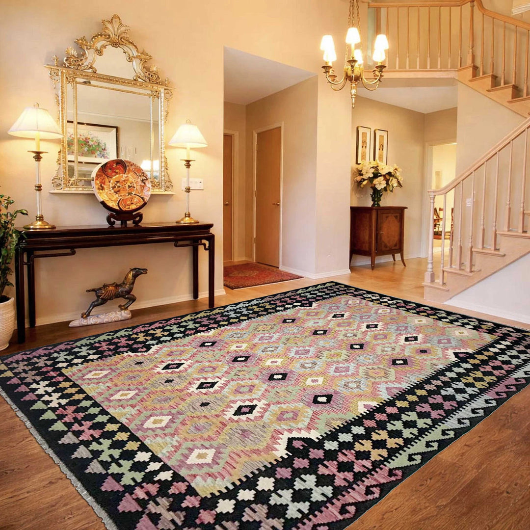 Afghan Vegetable Kilim Rug 6' 8" x 9' 8" Flat-Weave | No. AL96935