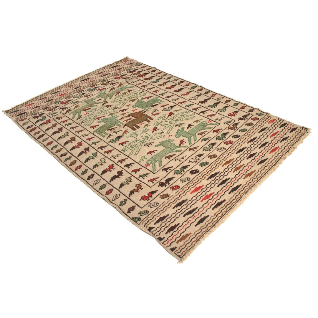 White Afghan Soumak Rug 4' 2" x 6' 2" Flat-Weave | No. AL97069