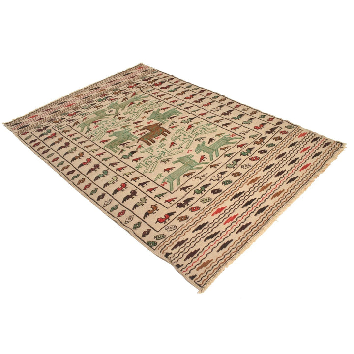 White Afghan Soumak Rug 4' 2" x 6' 2" Flat-Weave | No. AL97069