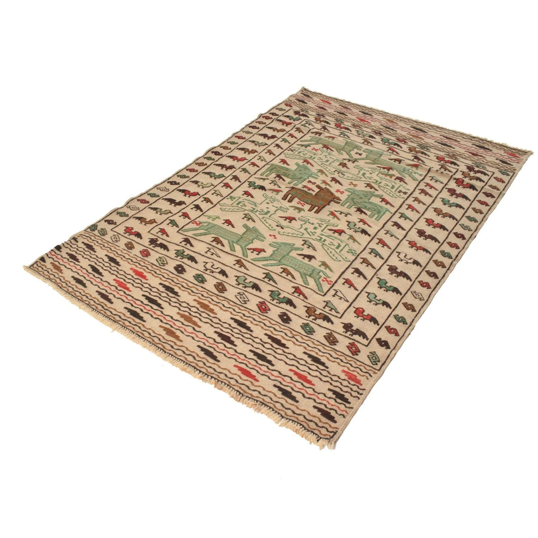 White Afghan Soumak Rug 4' 2" x 6' 2" Flat-Weave | No. AL97069