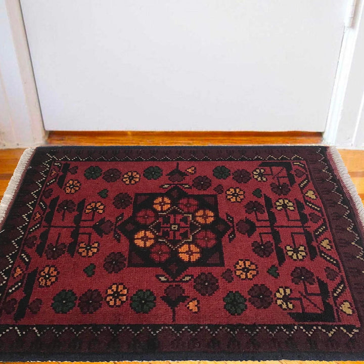 Red Afghan Oriental Doormat 1' 6" x 2' 0" Hand-Knotted | No. AL97141