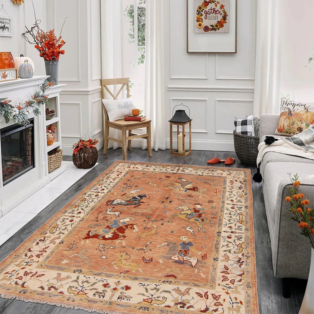 Beige Afghan Pictorial Rug 4' 4" x 5' 10" Hand-Knotted | No. AL97302