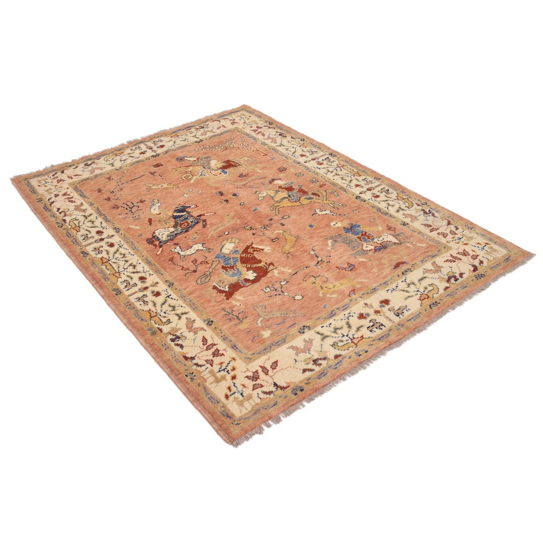 Beige Afghan Pictorial Rug 4' 4" x 5' 10" Hand-Knotted | No. AL97302