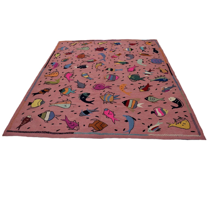 Pink Pakistani Embroidery Kilim Rug 6'2" x 7'11" Flat-Weave | No. AL97424