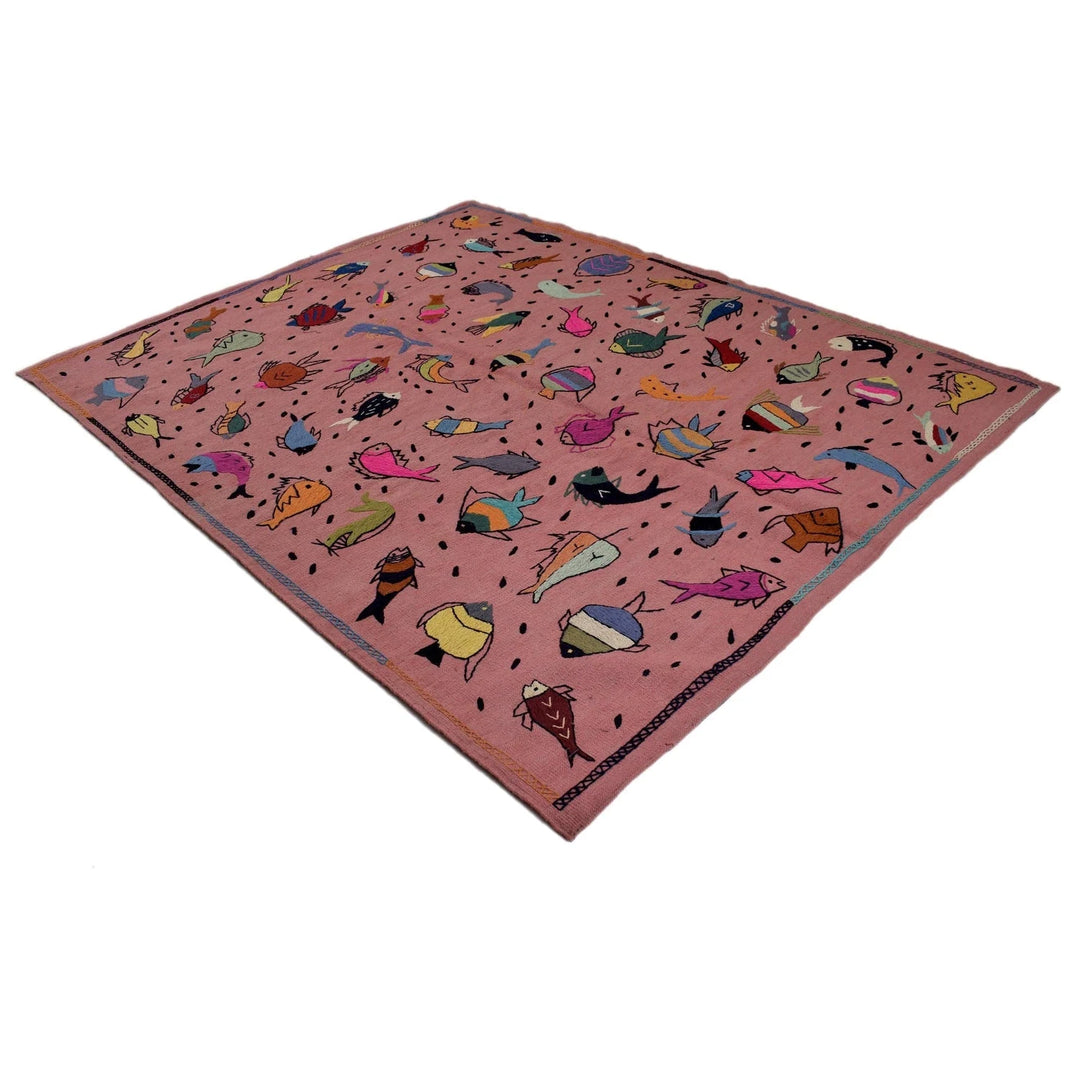 Pink Pakistani Embroidery Kilim Rug 6'2" x 7'11" Flat-Weave | No. AL97424
