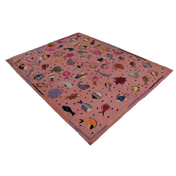 Pink Pakistani Embroidery Kilim Rug 6'2" x 7'11" Flat-Weave | No. AL97424