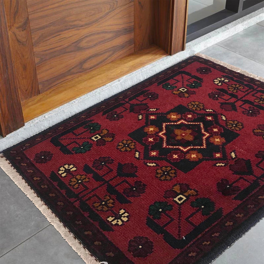 Red Afghan Oriental Doormat 1' 5" x 1' 11" Hand-Knotted | No. AL97438