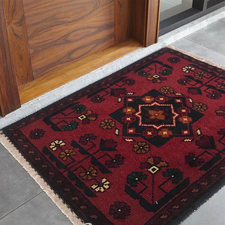 Red Afghan Oriental Doormat 1' 5" x 1' 11" Hand-Knotted | No. AL97438