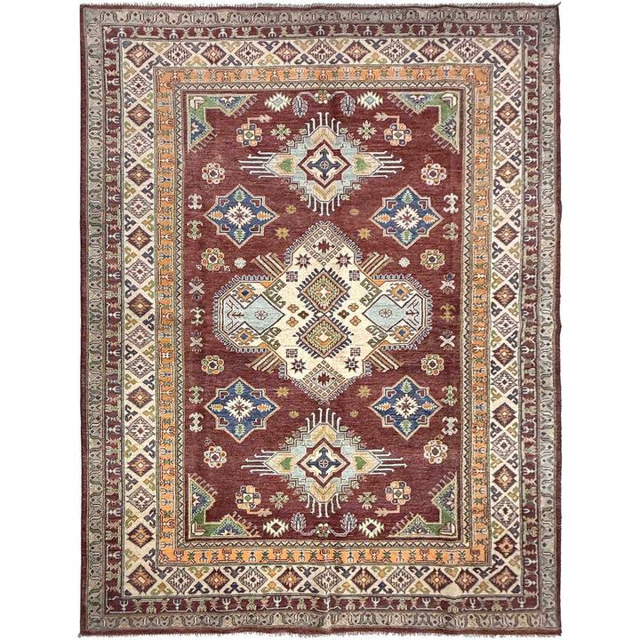 Red Afghan Kazak Rug 6' 7" x 9' 11" Hand-Knotted | No. AL97447