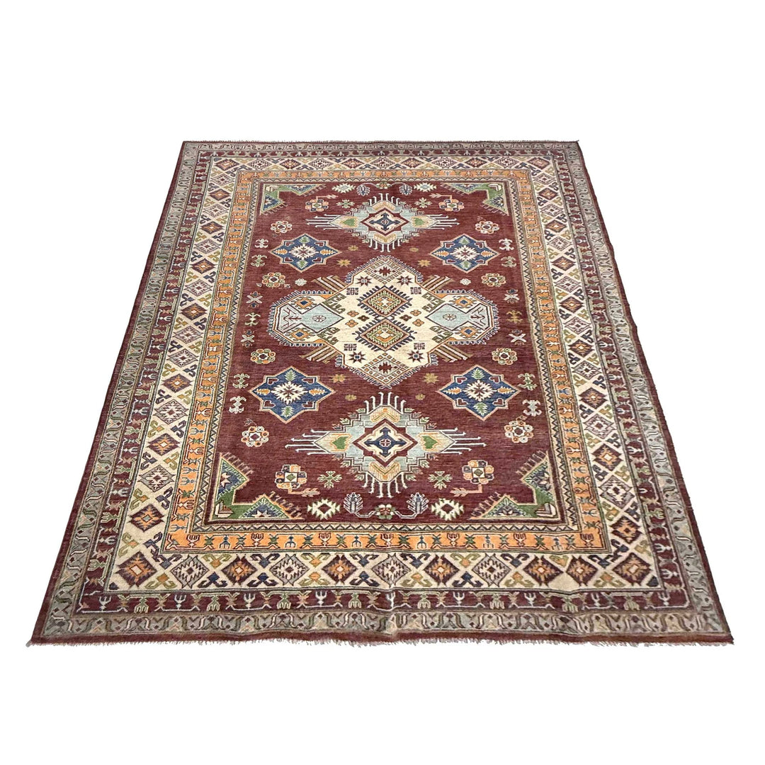 Red Afghan Kazak Rug 6' 7" x 9' 11" Hand-Knotted | No. AL97447