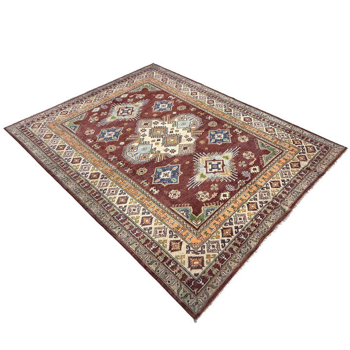 Red Afghan Kazak Rug 6' 7" x 9' 11" Hand-Knotted | No. AL97447