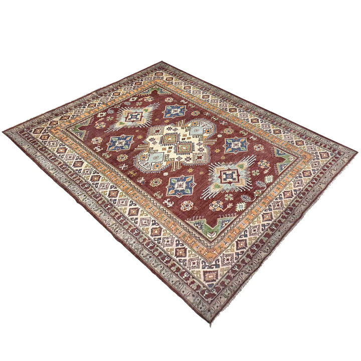 Red Afghan Kazak Rug 6' 7" x 9' 11" Hand-Knotted | No. AL97447