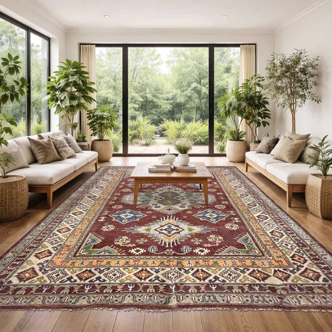 Red Afghan Kazak Rug 6' 7" x 9' 11" Hand-Knotted | No. AL97447