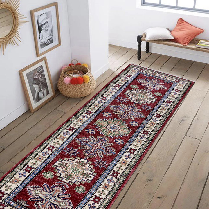 Red Afghan Kazak Rug 2' 0" x 5' 9" Hand-Knotted | No. AL97609