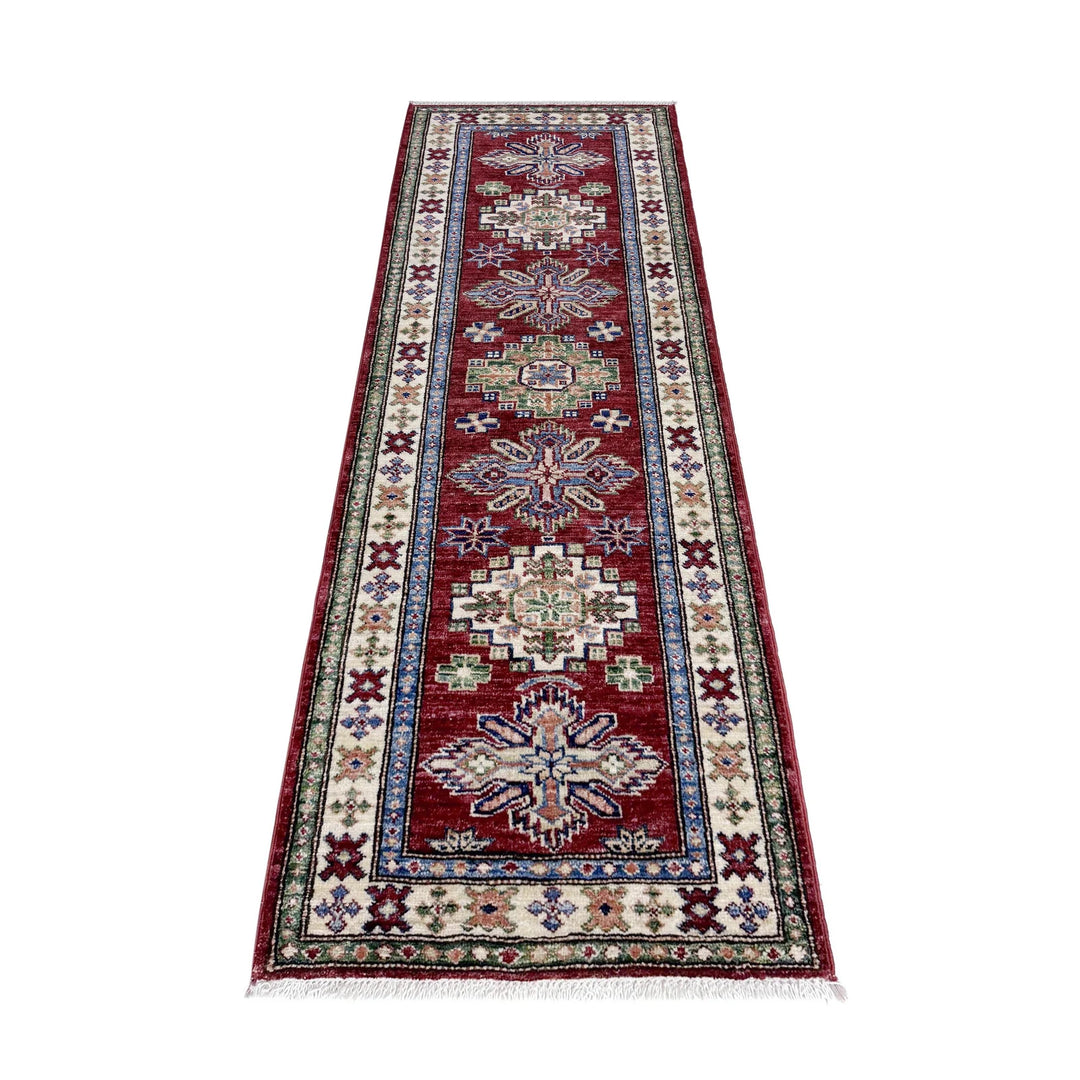 Red Afghan Kazak Rug 2' 0" x 5' 9" Hand-Knotted | No. AL97609