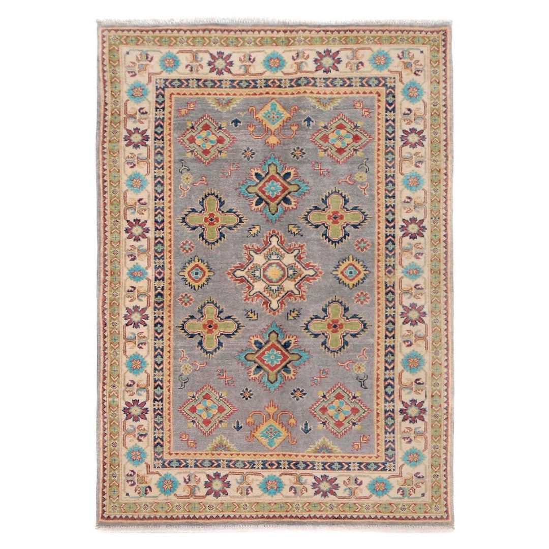 Grey Afghan Kazak Rug 4' 0" x 5' 8" Hand-Knotted | No. AL97649