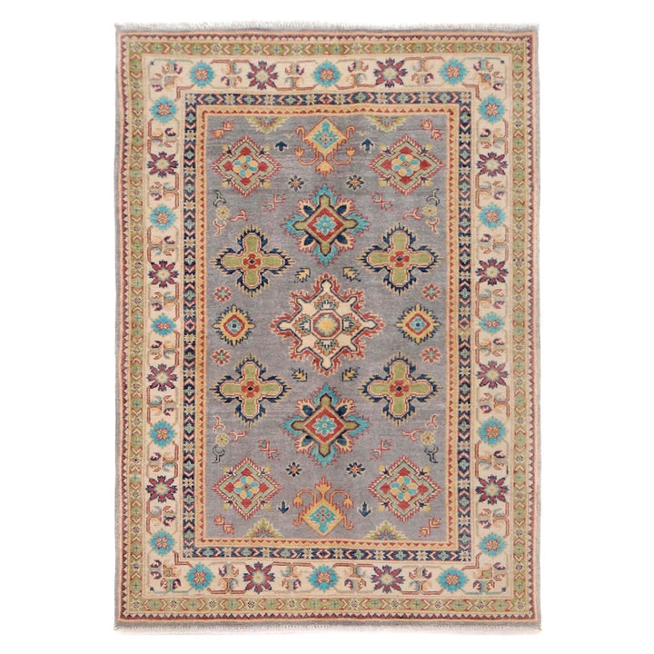 Grey Afghan Kazak Rug 4' 0" x 5' 8" Hand-Knotted | No. AL97649