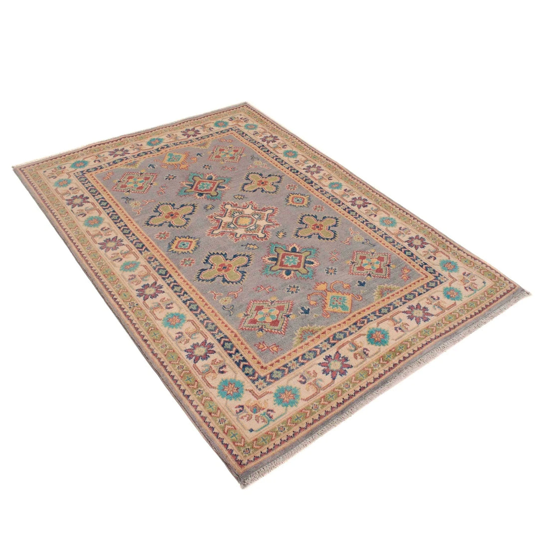Grey Afghan Kazak Rug 4' 0" x 5' 8" Hand-Knotted | No. AL97649