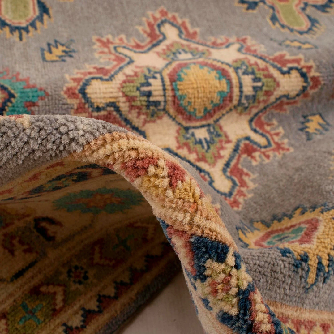 Grey Afghan Kazak Rug 4' 0" x 5' 8" Hand-Knotted | No. AL97649