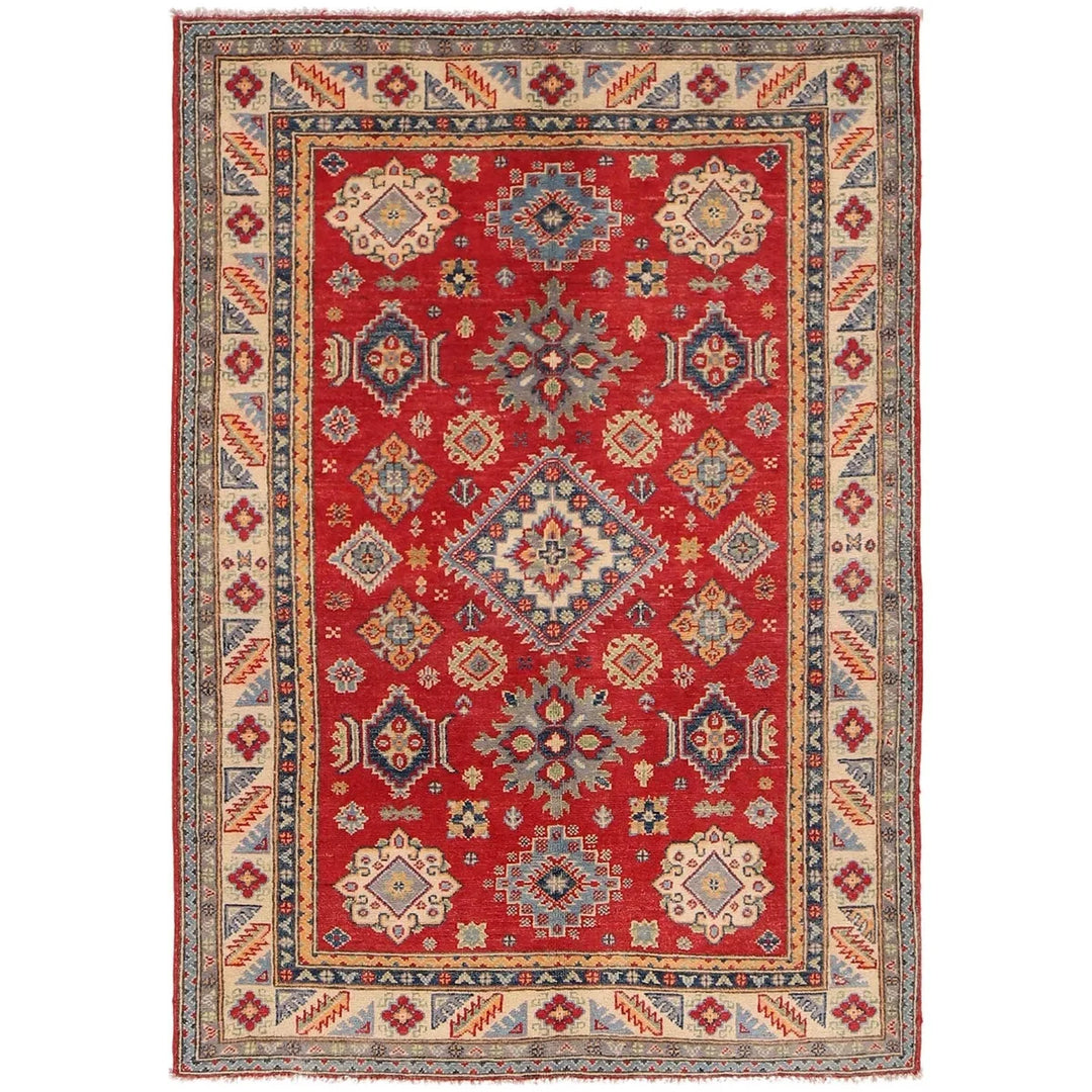 Red Afghan Kazak Rug 4' 0" x 5' 10" Hand-Knotted | No. AL97714