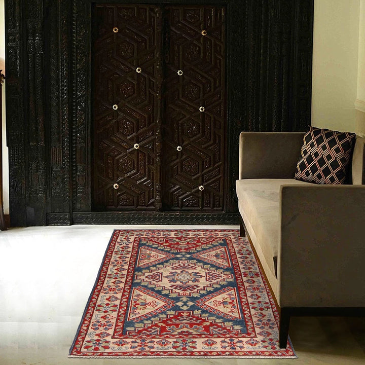 Afghan Kazak Rug 3'2" x 4'8" Hand-Knotted | No. AL97868