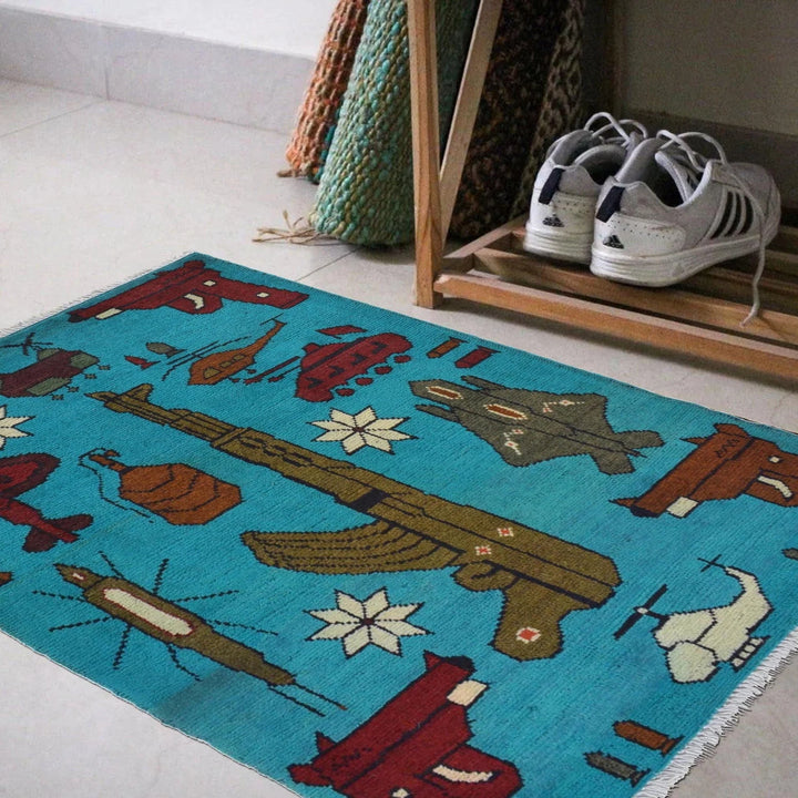 Blue Afghan War Rug 2' 1" x 3' 2" Hand-Knotted | No. AL97870