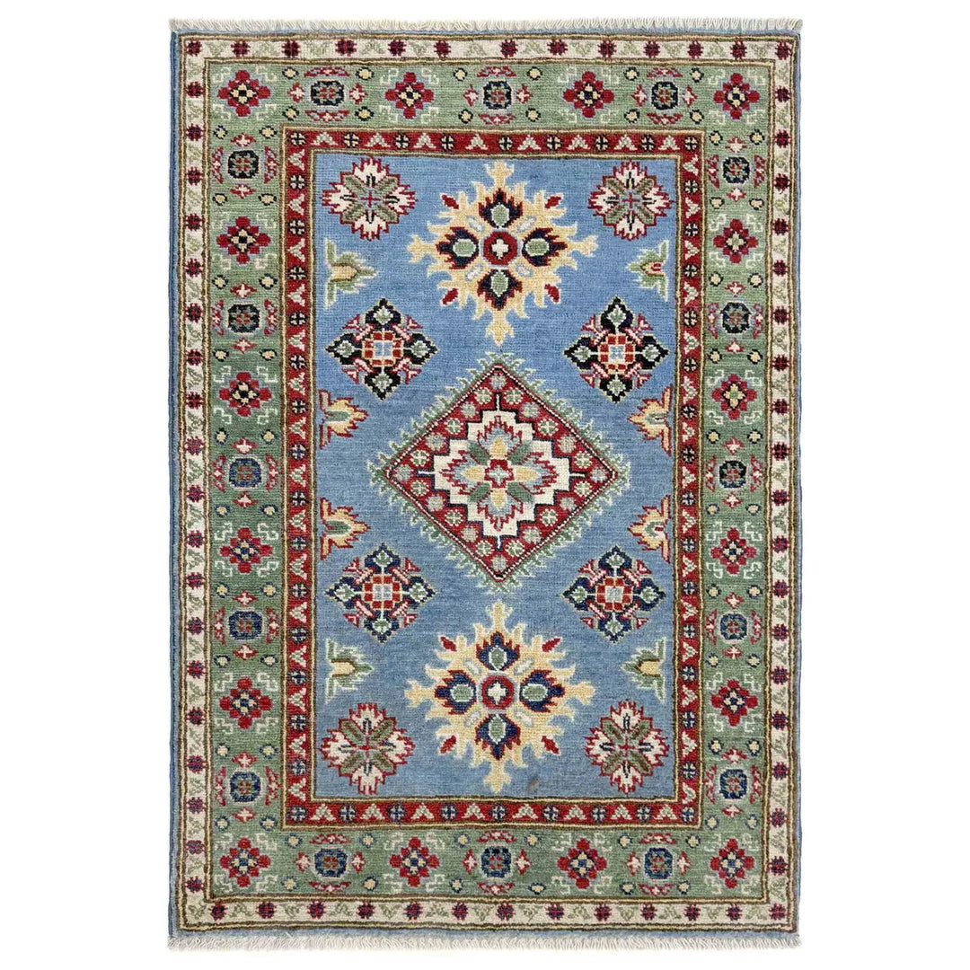 Blue Afghan Kazak Rug 2' 7" x 3' 11" Hand-Knotted | No. AL97905