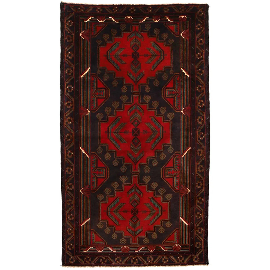 Red Afghan Baluchi Rug 3' 7" x 6' 9" Hand-Knotted | No. AL97937