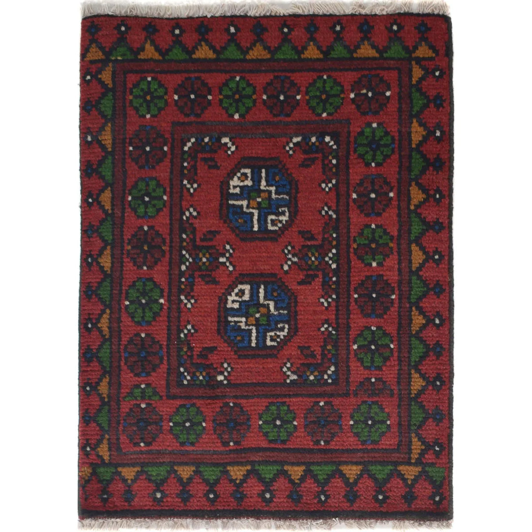 Red Afghan Doormat Rug 1' 7" x 2' 3" Hand-Knotted | No. AL98104