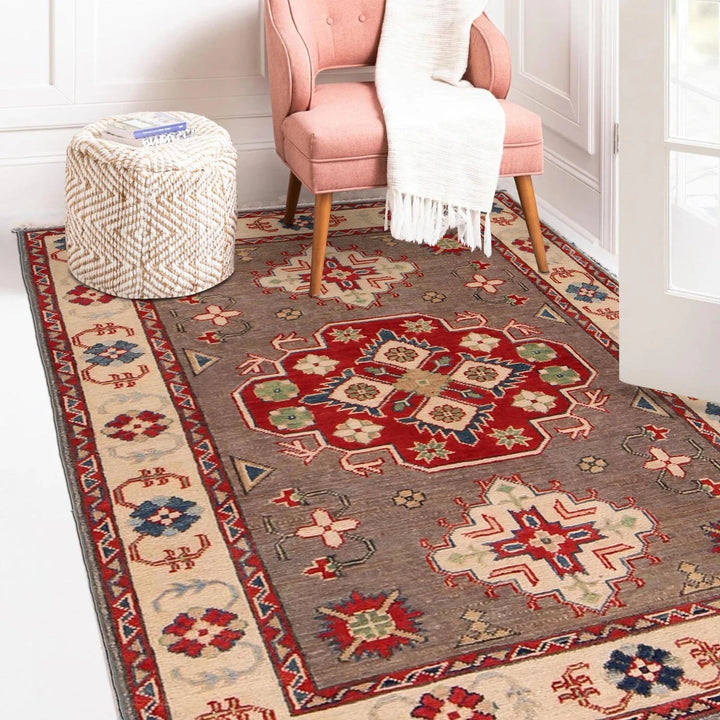 Brown Afghan Kazak Rug 3' 4" x 4' 11" Hand-Knotted | No. AL98160