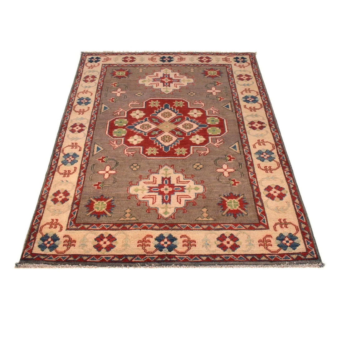 Brown Afghan Kazak Rug 3' 4" x 4' 11" Hand-Knotted | No. AL98160