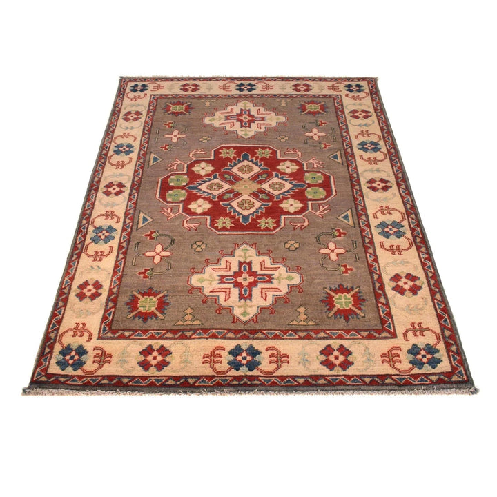 Brown Afghan Kazak Rug 3' 4" x 4' 11" Hand-Knotted | No. AL98160
