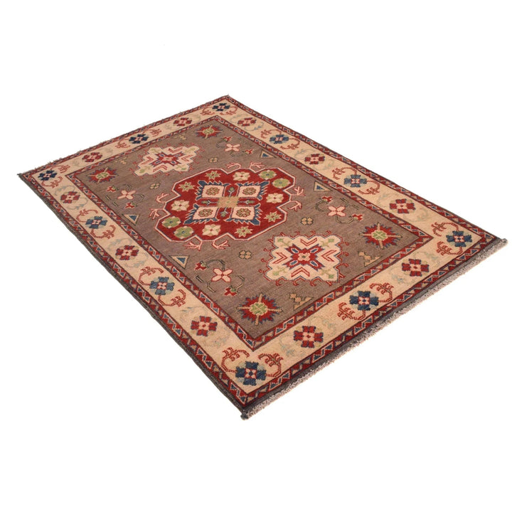 Brown Afghan Kazak Rug 3' 4" x 4' 11" Hand-Knotted | No. AL98160