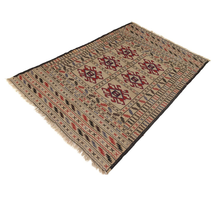 White Afghan Soumak Rug 3'11" x 6'2" Flat-Weave | No. AL98191