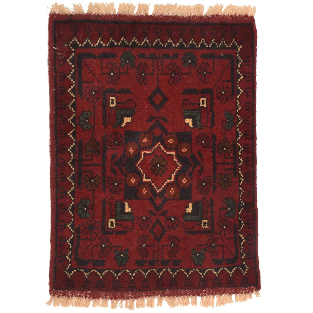 Red Afghan Doormat Rug 1' 5" x 1' 10" Hand-Knotted | No. AL98197