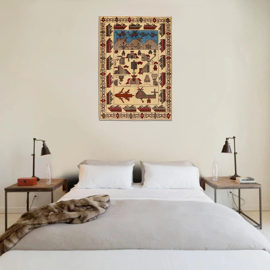 Beige Afghan War Carpet Rug 4' 2" x 6' 1" Hand-Knotted | No. AL98347