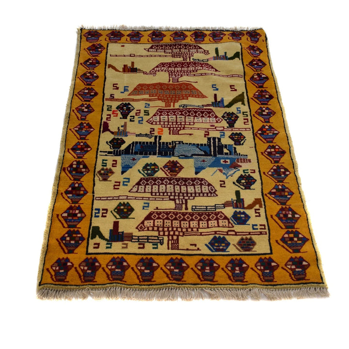 Ivory Afghan War Rug 2' 9" x 4' 6" Hand-Knotted | No. AL98364