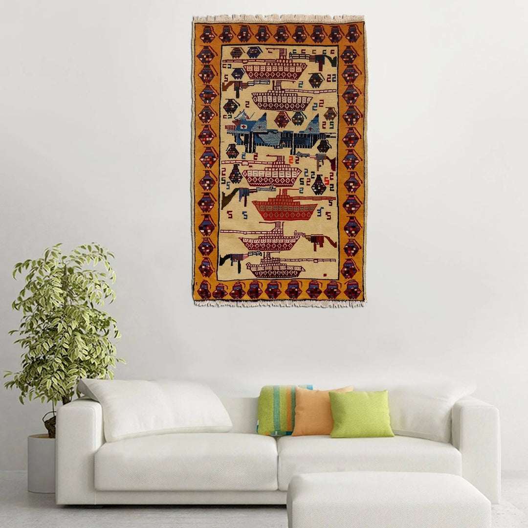 Ivory Afghan War Rug 2' 9" x 4' 6" Hand-Knotted | No. AL98364