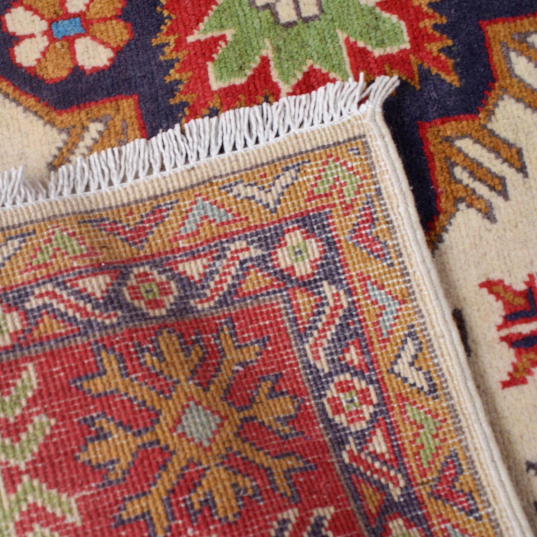 Ivory Afghan Kazak Rug 3'11" x 5'9" Hand-Knotted | No. AL98419