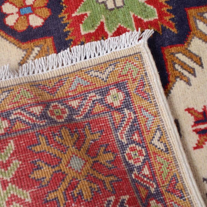 Ivory Afghan Kazak Rug 3'11" x 5'9" Hand-Knotted | No. AL98419