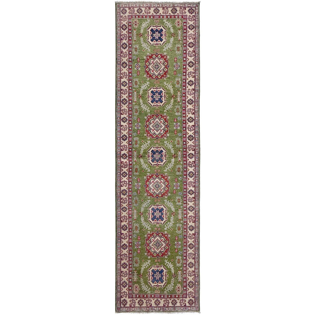 Green Afghan Kazak Rug 2' 8" x 9' 11" Hand-Knotted | No. AL98693