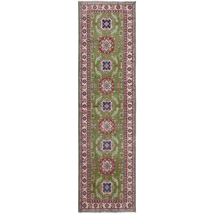 Green Afghan Kazak Rug 2' 8" x 9' 11" Hand-Knotted | No. AL98693
