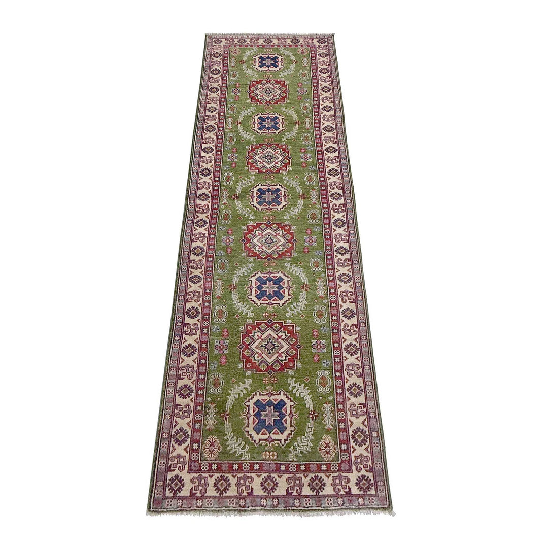 Green Afghan Kazak Rug 2' 8" x 9' 11" Hand-Knotted | No. AL98693