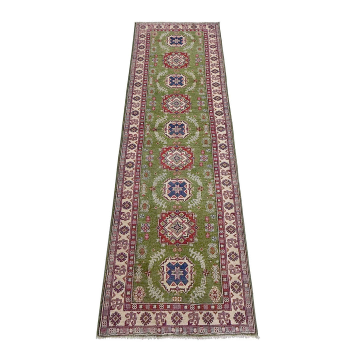 Green Afghan Kazak Rug 2' 8" x 9' 11" Hand-Knotted | No. AL98693