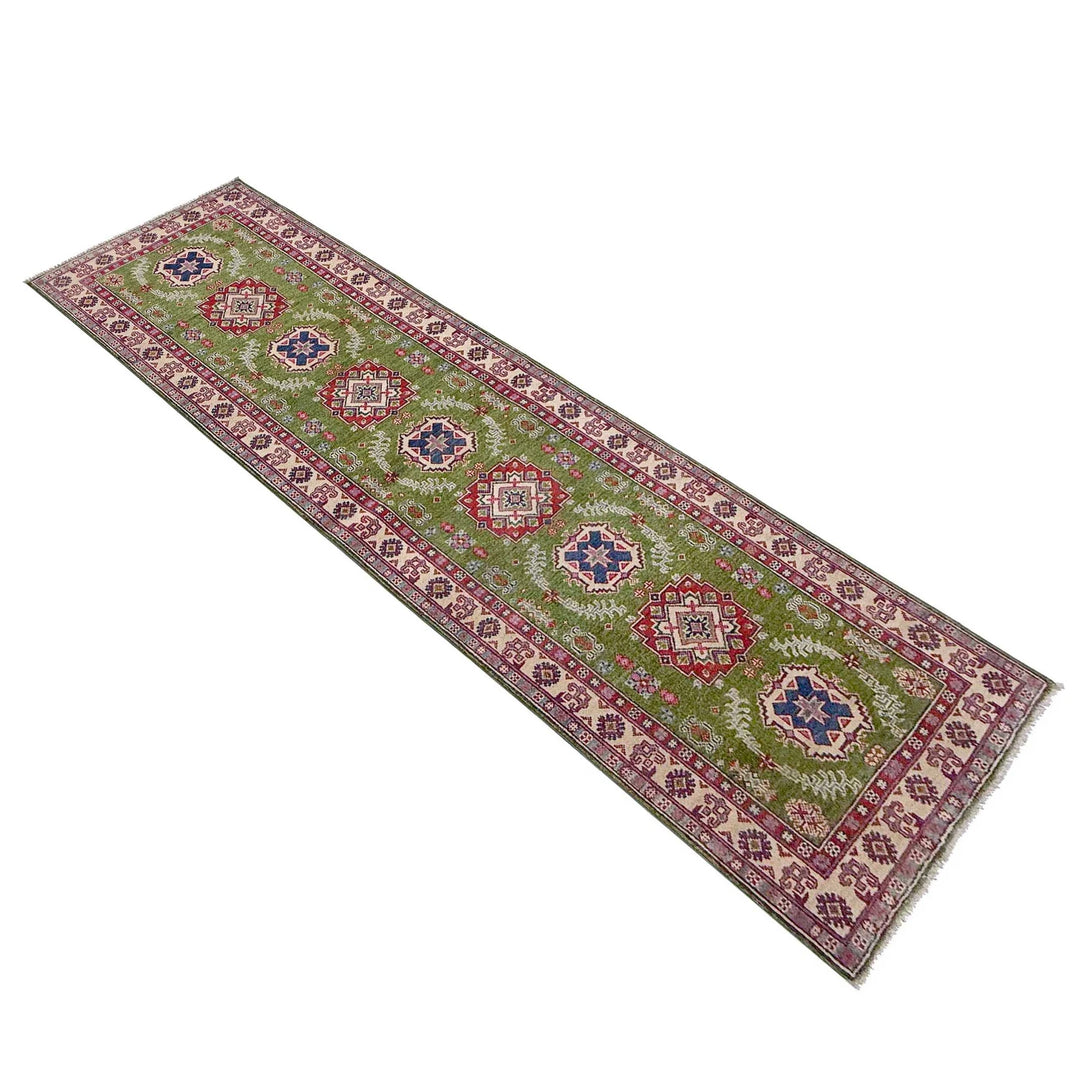Green Afghan Kazak Rug 2' 8" x 9' 11" Hand-Knotted | No. AL98693